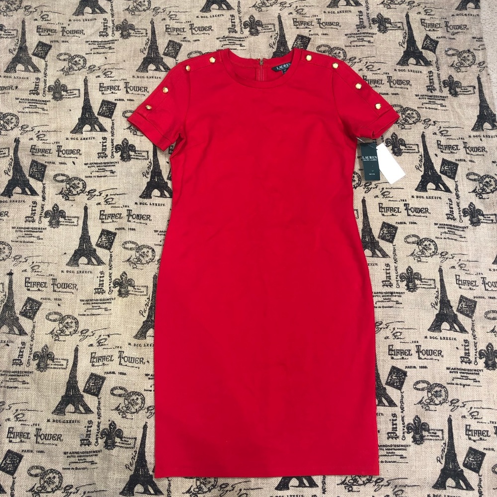 Lauren Ralph Lauren NWT! Red Metal Buttons Short Sleeve Stretchy Dress Size PS